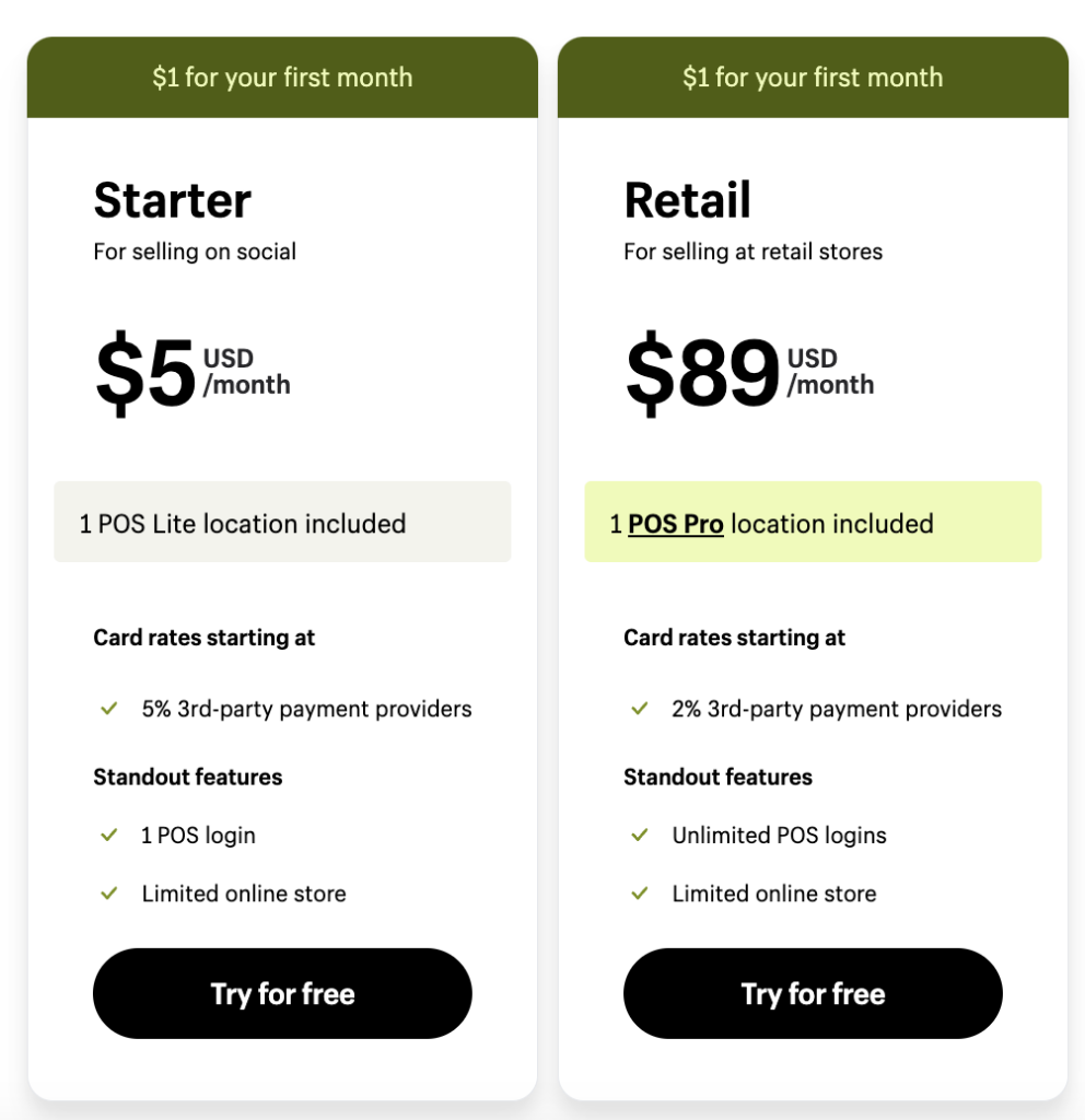 Screenshot from basic and retail - the shopify pos-oriented plans