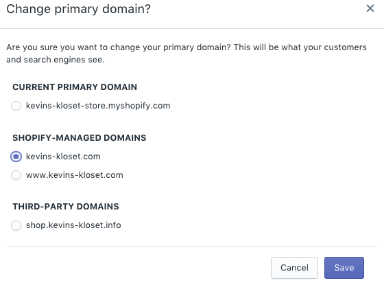 Changing a Shopify Domain - Screenshot of changing primary domain