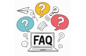 shopify FAQ Page - a drawing of laptop with "FAQ" displayed on the screen and question mark inside speech bubbles surround it