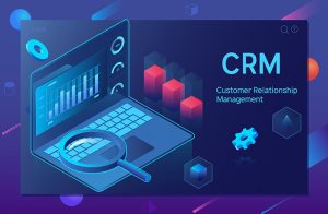 Integrating CRM Tools with Shopify - An illustration of CRM tools, showcasing charts, magnifying glass, and gear icons on a laptop.