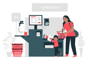 Shopify Checkout Apps - A woman and child at a supermarket checkout with a basket and checkout counter.