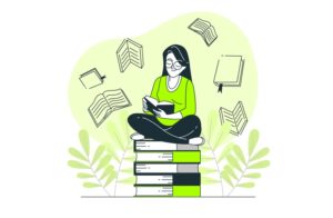 Shopify lookbook apps - Woman smiling, reading atop a stack of books, with floating books on a green backdrop.