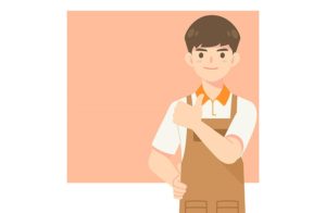 Shopify Product Management Apps - a young man with an apron with his thumb up, against a peach background.