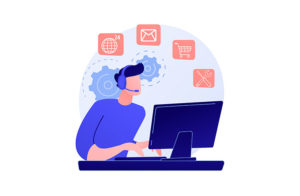 Shopify Customer Support Apps - Man with headset using computer, communication icons in the background.