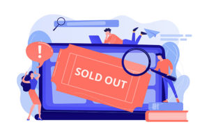 Shopify Out of Stock Apps—Illustration of people with magnifying glasses around a laptop showing “SOLD OUT”.