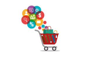 Shopify Save Cart Apps - a cart filled with shopping bags with colorful icon bubbles next to it
