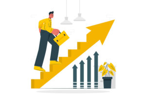 Shopify Scroll to Top Apps - Man climbing stairs with arrow, carrying a briefcase, growth charts beside.
