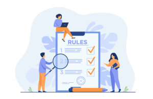 Shopify Shipping Rules Apps - Cartoon of three people reviewing a large checklist labeled "RULES".