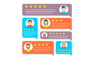 Shopify Testimonial Apps - Illustration of colorful online user reviews with star ratings and profile images.