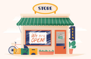Shopify Bag Store Themes - Illustration of a quaint store with an “Open” sign, bike, bench, and plants.