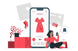 Aliexpress Shopify Themes - A woman shopping online using a large smartphone, with shopping icons and a credit card.