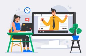 Digital Products Shopify Themes - Illustration of a woman watching an online tutorial with a male presenter on screen.
