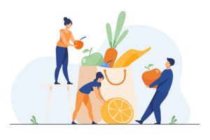 Best Grocery Shopify Themes - An image depicting three people with a grocery shopping bag.