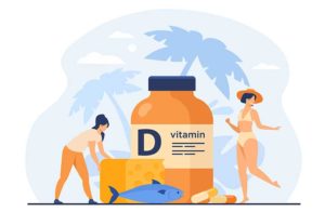 Shopify Theme for a Supplement Store - Illustration of people with a large vitamin D bottle, cheese, fish, and palm trees in the background