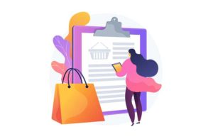 Shopify Themes with a Wishlist - Illustration of a person checking a shopping list on a giant clipboard next to shopping bags.