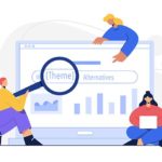 Best Shopify Theme Alternatives - Illustration of three people using large magnifying glass and tools to analyze data on a computer screen.