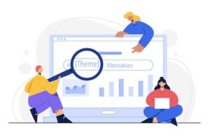 Best Shopify Theme Alternatives - Illustration of three people using large magnifying glass and tools to analyze data on a computer screen.