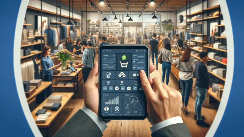 What is Shopify POS-A bustling retail store with a variety of products and customers. In the foreground, a salesperson is using a modern, sleek tablet device dis