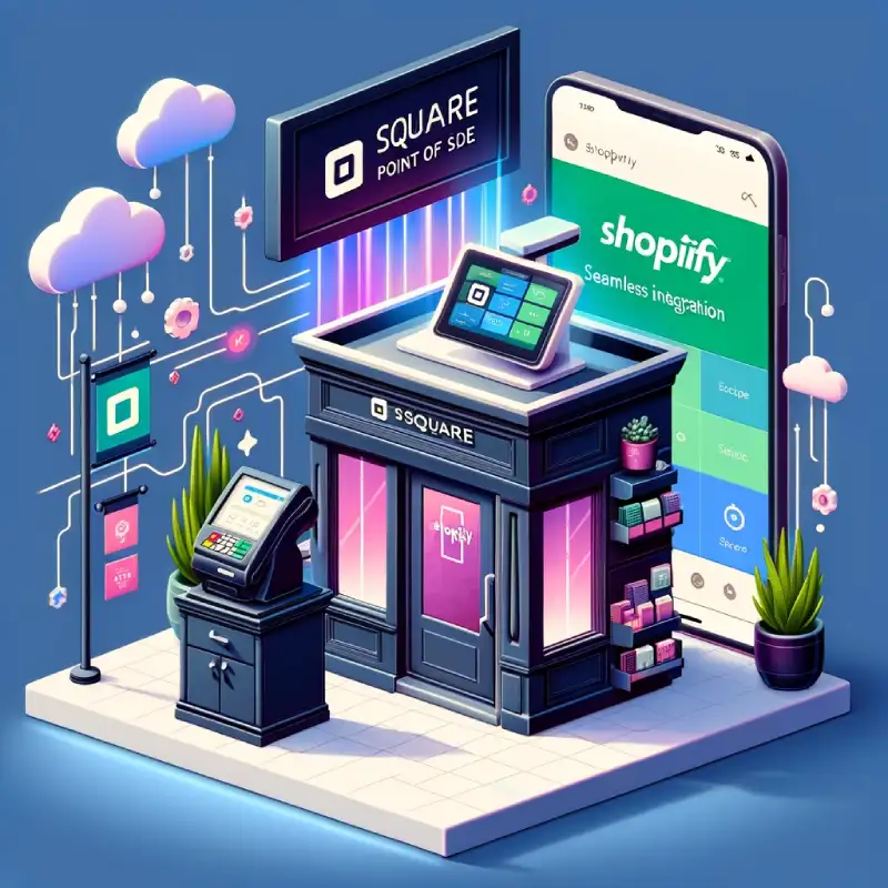 Can I Use Square POS with Shopify-The first image shows a modern storefront with a sleek point of sale system. A digital display presents the Shopify interface, blending elements of online and physical retail. Above the store, a banner reads 'Seamless Integration: Square POS and Shopify'. The scene is vibrant, depicting a futuristic and efficient retail environment