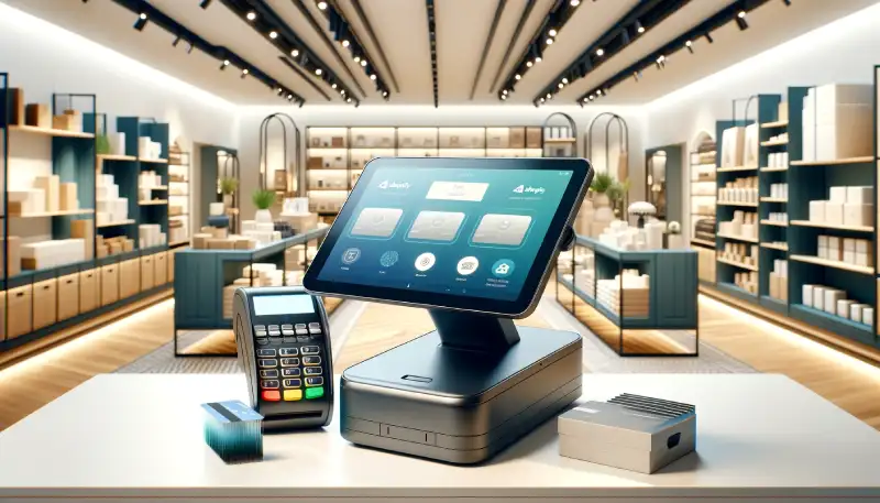 Does Shopify POS Accept Credit Cards - A contemporary retail store scene focusing on a stylish Shopify POS terminal, central to processing payments like debit cards. 