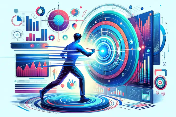 Advanced Targeting and Benchmarking Tools - Animated illustration of a person using advanced targeting tools for benchmarking in a dynamic, futuristic setting