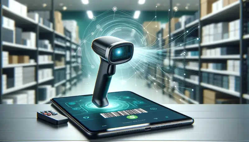 How to Connect Barcode Scanner to Shopify POS - A modern barcode scanner interfacing with a tablet on a desk.