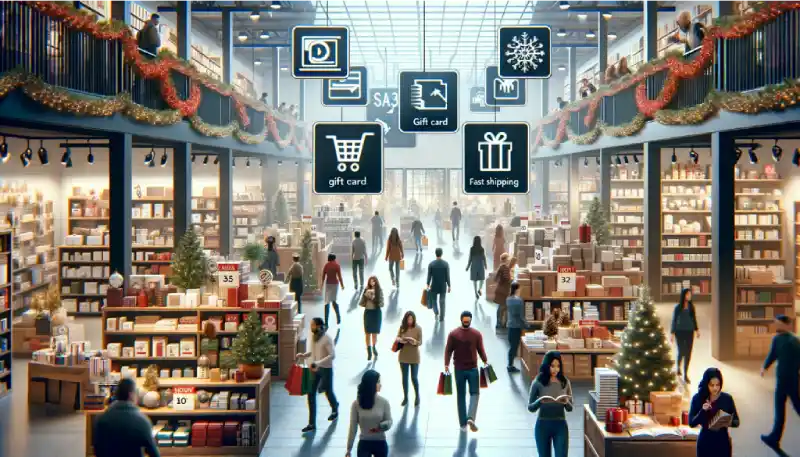 Maximizing Opportunities with Late Shoppers-Busy store in a Christmas decorative with diverse shoppers, with snow icon, trolley icon, gift icon and several other icons.