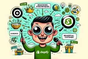 Revolutionize Digital Advertising with Shopify Audiences - Caricature illustration emphasizing audience engagement, targeting, and customer reach in Shopify theme