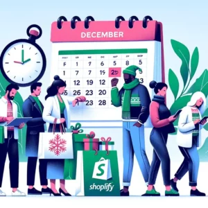 Shopify Survey: Unwrapping Late Holiday Shopping Trends-Vector illustration of diverse shoppers with holiday bags, December calendar, and subtle Shopify logo."