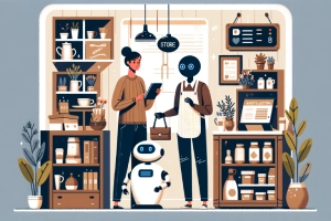Shopify's AI: Transforming Small Business E-Commerce - Small store scene with AI robot aiding customer, owner holding tablet