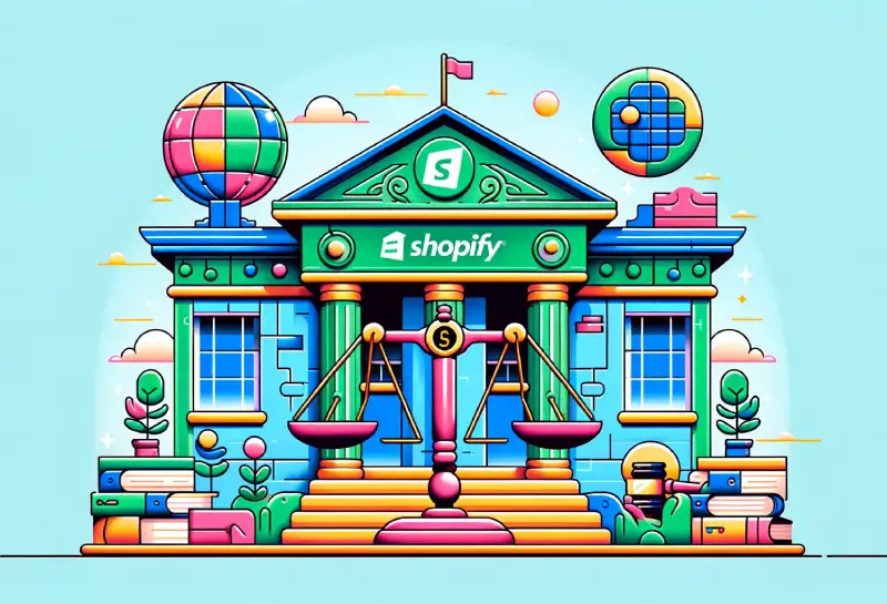 Shopify's Court Win Redefines Jurisdictional Boundaries - Playful animated image depicting Shopify's legal triumph, with a stylized courthouse in bold colors and exaggerated design. The foreground shows a scale of justice humorously balancing a digital world icon against a classic legal symbol. The overall style is dynamic and colorful, with a focus on the intersection of technology and law