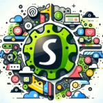 Shopify's New Era for App Integration - Vector image: Shopify logo with app icons, interlocking gears, and digital portal in vibrant colors