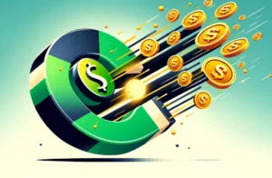 Shopify's Surge: A Magnet for Investors - Vector image of a green and black magnet attracting gold coins and dollar symbols
