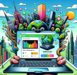 Streamlining Carbon Credit Sales with Shopify - Cartoonish laptop with colorful graphs, held by a hand, against a playful cityscape.