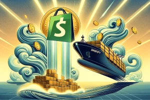 Flexport's Strategic Leap with Shopify's Backing - Shopify logo releasing coins towards a stylized cargo ship
