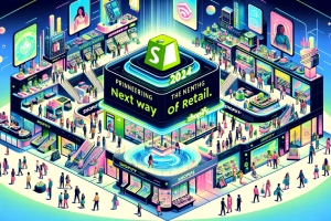 Shopify's 2024 Vision: Pioneering the Next Wave of Retail - Shopify's future retail scene with augmented reality and AI, in vibrant cartoon style.