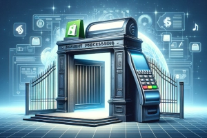 Shopify Overtakes Amazon in E-Commerce Payments - Giant cashier machine next to a gate