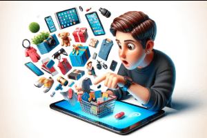 Transforming Shopify with 3D and AR with Dopple - Colorful cartoon character scrolling tablet with lifelike 3D items emerging.