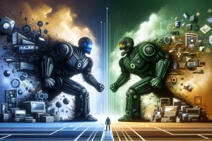 AI Rivals Challenge Shopify in eCommerce - two giant robots with machine learning tools face off one another