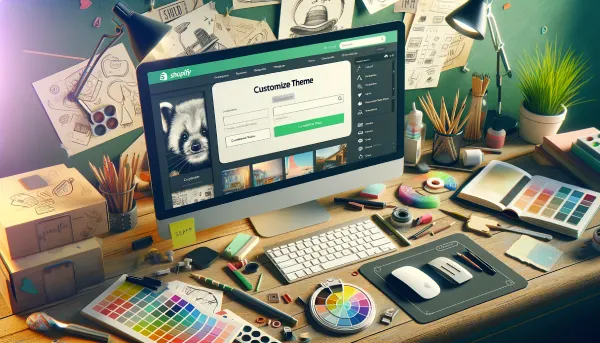  Theme Customization Basics - a digital artist's workspace with a computer screen displaying a Shopify store interface, surrounded by color palettes, design sketches, and a mouse cursor selecting a 'Customize Theme' button