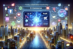 Lily AI & Shopify: Transforming E-Commerce - Digital cityscape, data streams, sunrise, futuristic e-commerce innovation.