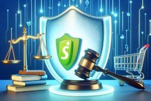 Navigating Legal and Compliance as a Shopify Merchant - a balanced scale, a gavel, and a shopping cart, all within a protective shield