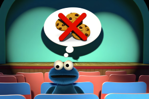 Shopify Audiences Transforms Digital Advertising - a picture of a cookie monster on the audience seat with the speech bubble containing cookies with a big X mark on top of it.