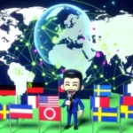 Shopify Launches Global Expansion Initiative - Animated world map with global network, a bunch of nation flags and person holding a mic.