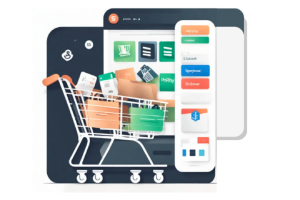 E-commerce Revolution: Shopify's Checkout Makeover - a shopping cart filled with various items, a simplified checkout interface with several logos behind the cart.