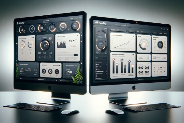 Features Comparison of Shopify Vs Weebly - two computer screens side by side, one displaying Shopify's dashboard with various marketing tools, the other showing Weebly's dashboard with integrated marketing features