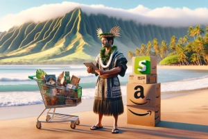 Hawaii's Leap into E-Commerce with Amazon and Shopify - a Hawaiian person with a tablet featuring Shopify and Amazon logos on a beach, with a mountain backdrop and a shopping cart filled with goods.