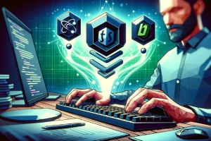 Hydrogen and Oxygen: Shopify's Headless Innovation - developer typing codes at a desk with some logos appear above the keyboard