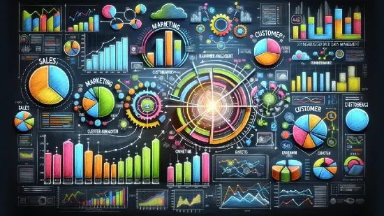Step 6. Monitor and Optimize - A vibrant display of various business graphs and marketing data visuals.