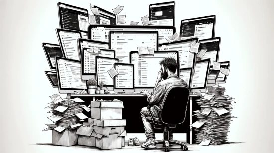 Understanding CRM Integration - A person overwhelmed by multiple computer screens filled with data and paperwork.